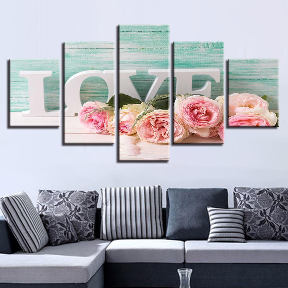 Letters Love And Pink Roses Nature Canvas Wall Art