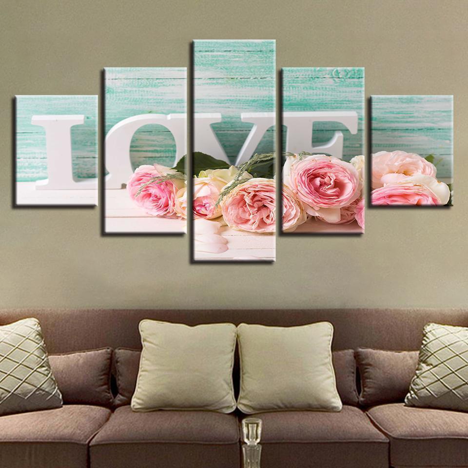 Letters Love And Pink Roses Nature Canvas Wall Art