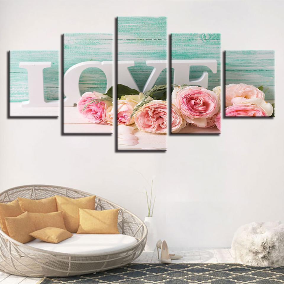 Letters Love And Pink Roses Nature Canvas Wall Art