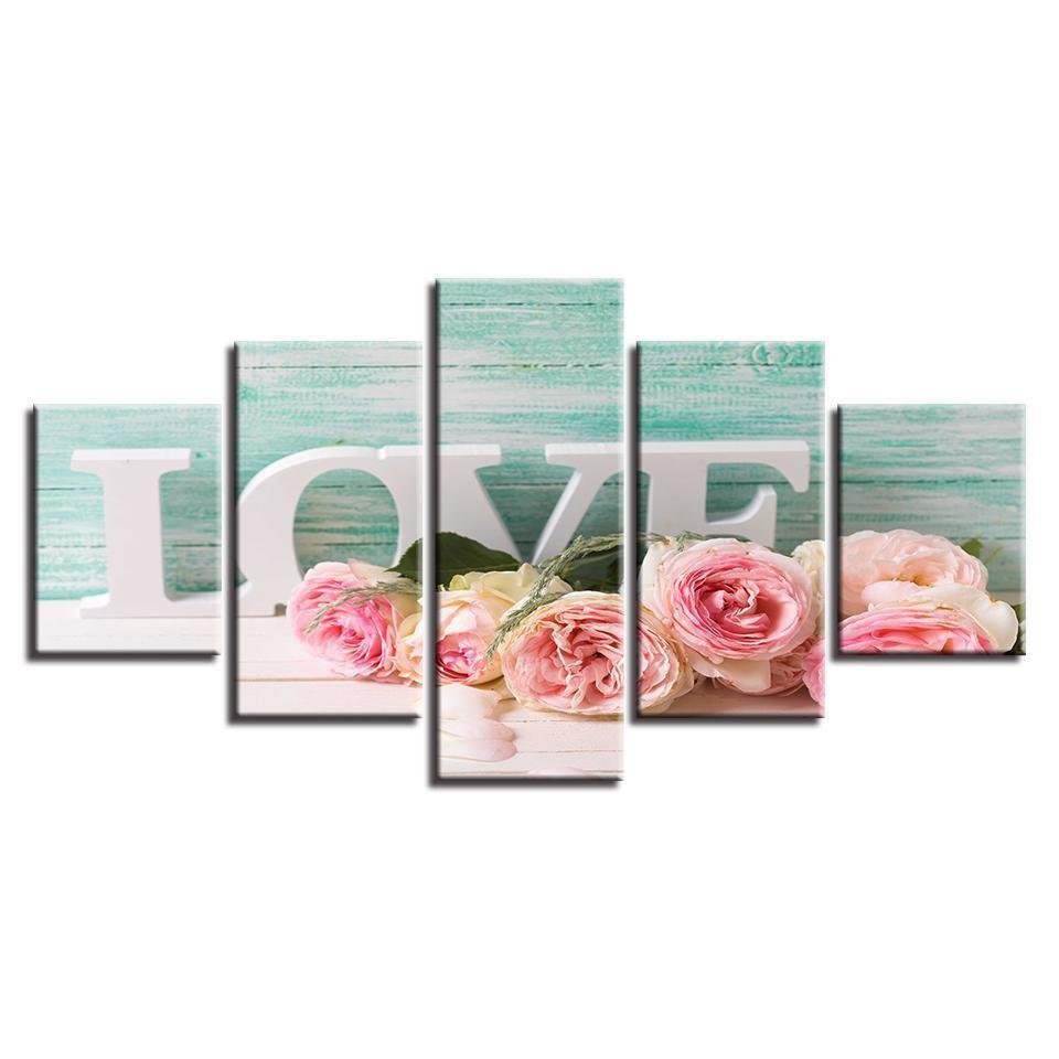 Letters Love And Pink Roses Nature Canvas Wall Art