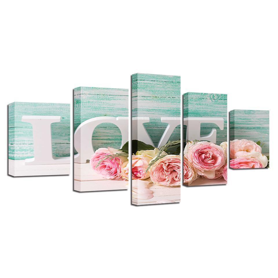 Letters Love And Pink Roses Nature Canvas Wall Art