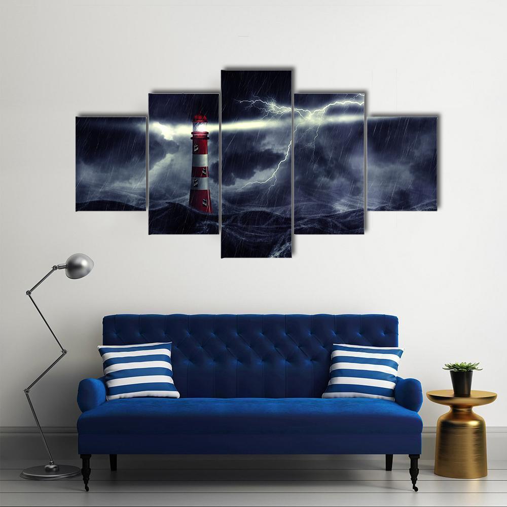 Lighthouse Illuminated At Night Stormy Sea In Thunderstorm Nature Canvas Wall Art