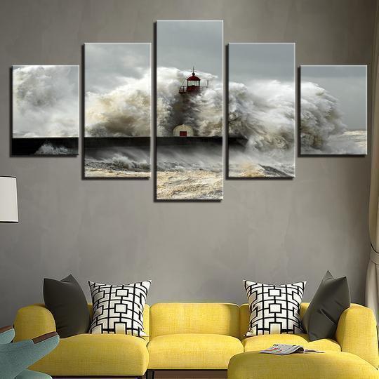 Lighthouse In A Storm Giant Wave Nature Canvas Wall Art