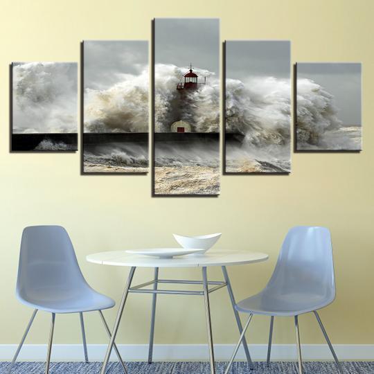 Lighthouse In A Storm Giant Wave Nature Canvas Wall Art