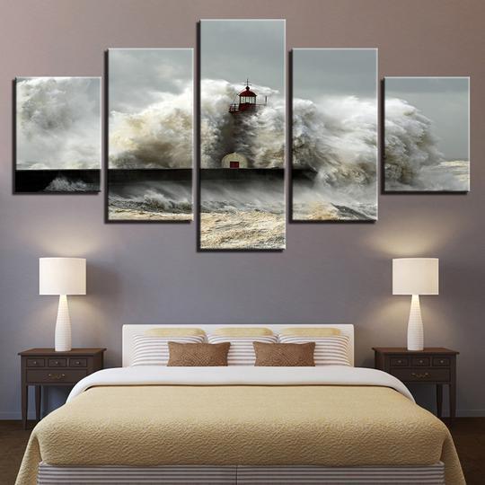 Lighthouse In A Storm Giant Wave Nature Canvas Wall Art