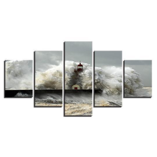 Lighthouse In A Storm Giant Wave Nature Canvas Wall Art