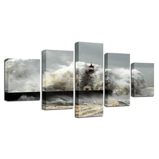 Lighthouse In A Storm Giant Wave Nature Canvas Wall Art