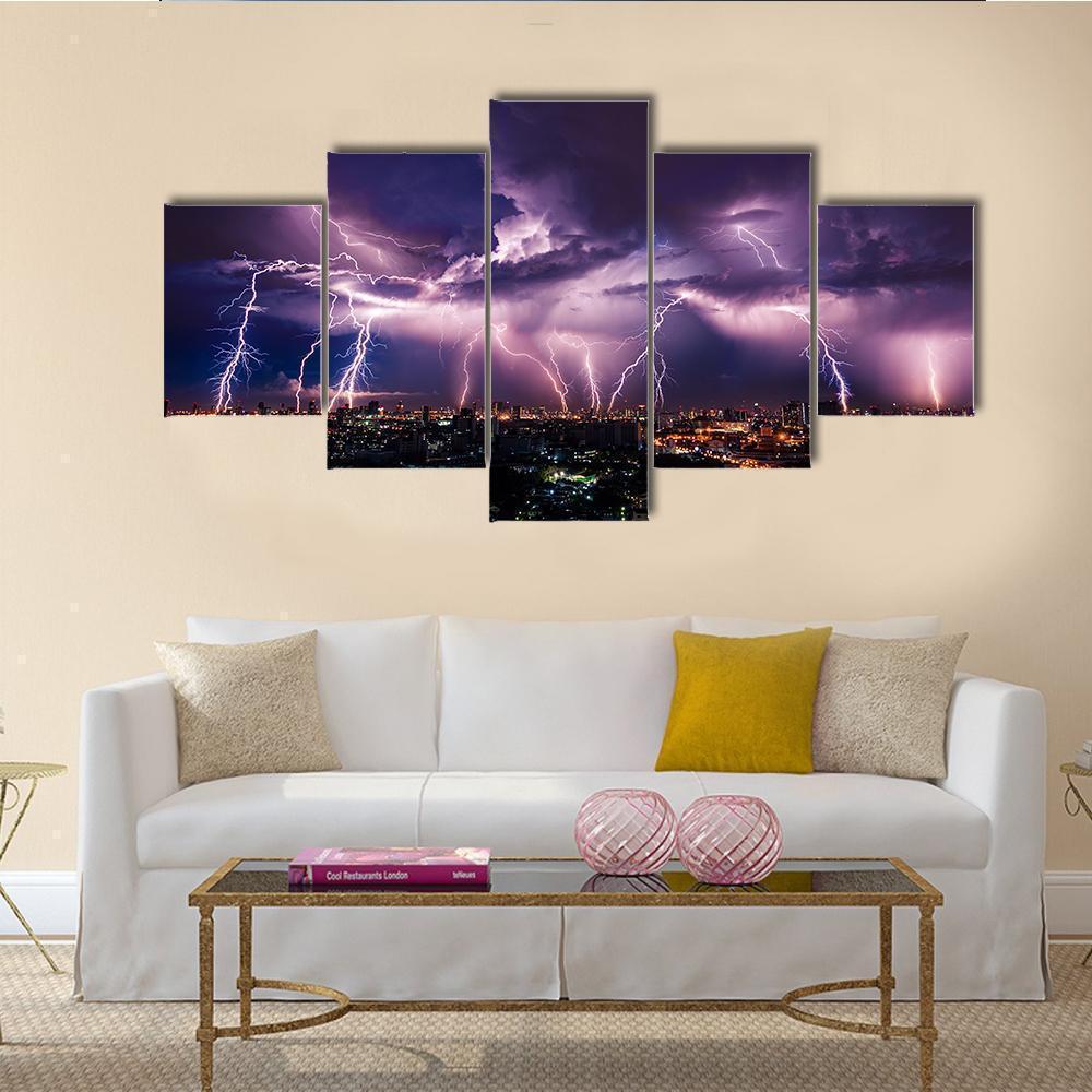 Lightning Storm Over City In Purple Light Nature Canvas Wall Art