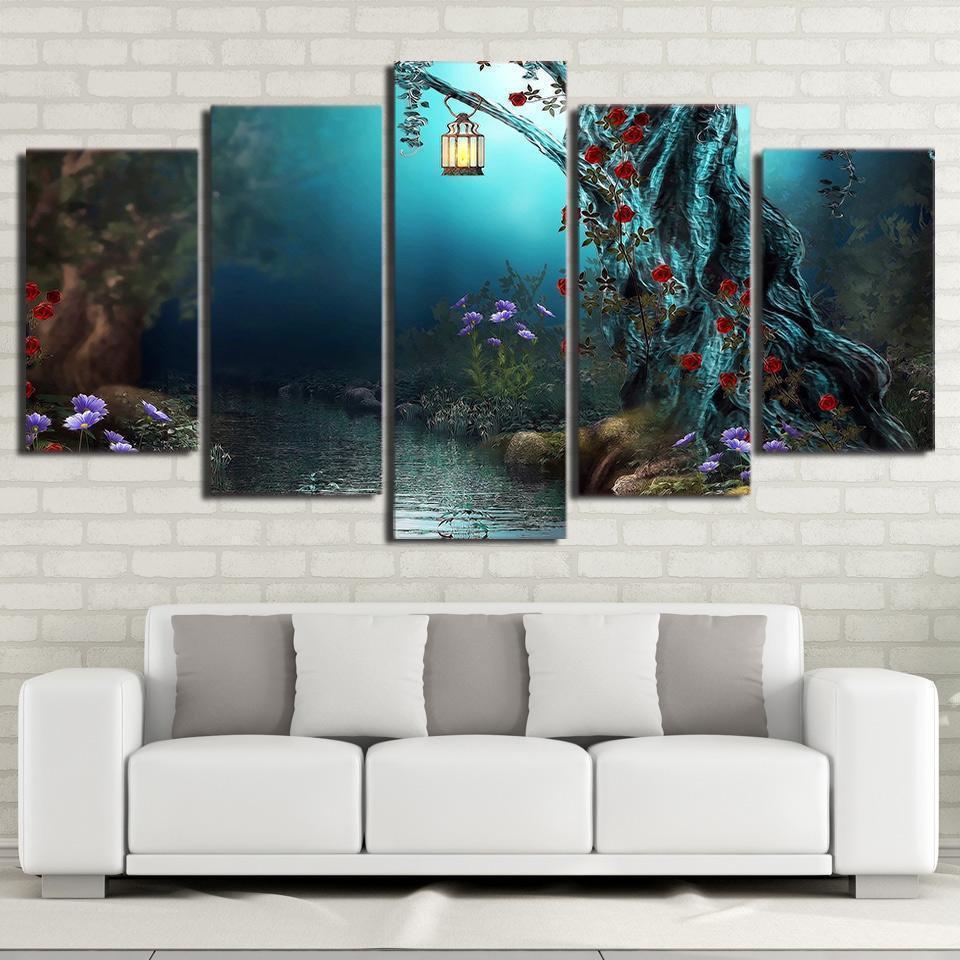 Lights In Forest Fantasy Flowers Tree Nature Canvas Wall Art