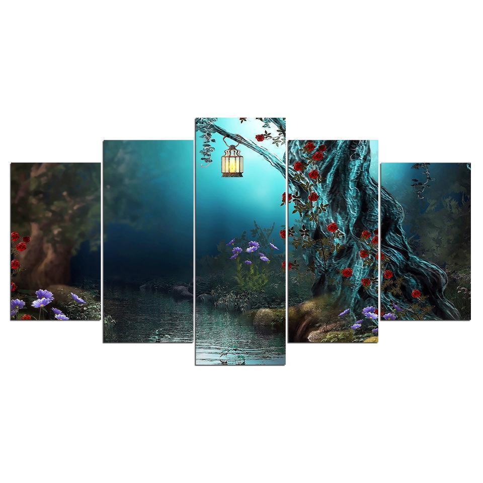 Lights In Forest Fantasy Flowers Tree Nature Canvas Wall Art