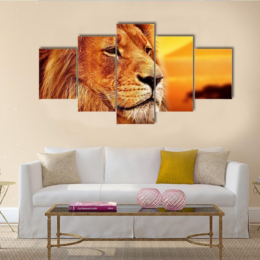 Lion On Savanna Landscape At Sunset Animal Canvas Wall Art