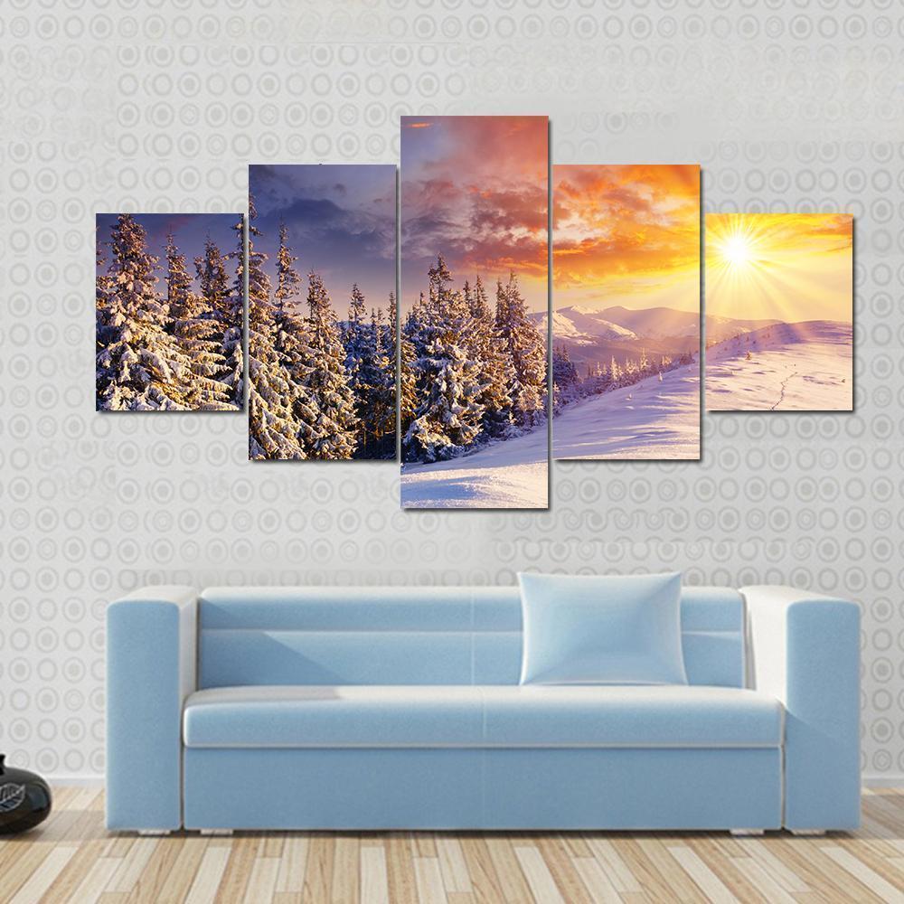 Majestic Sunset In The Winter Mountains Landscape Nature Canvas Wall Art