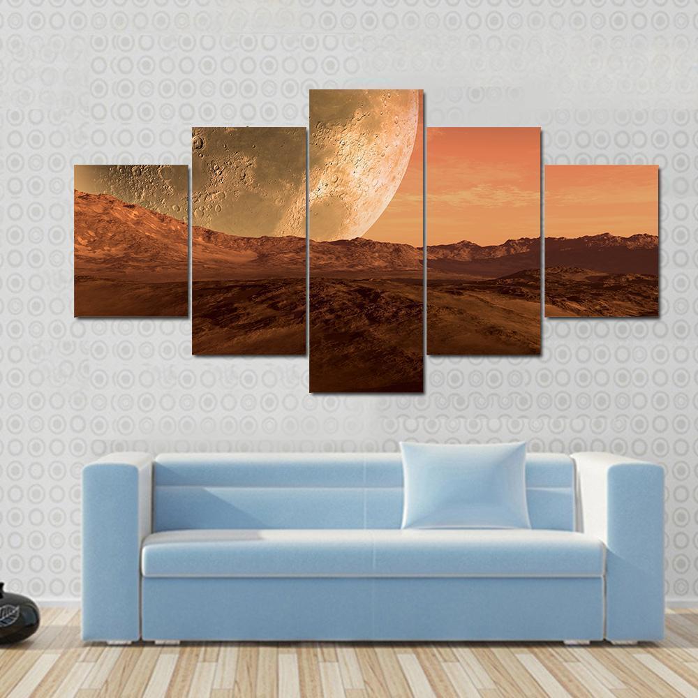 Mars Like Red Planet With Giant Moon At The Horizon Nature Canvas Wall Art
