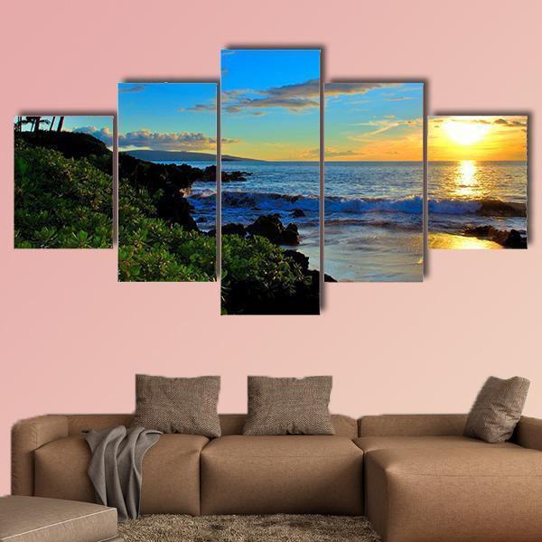 Maui Beach Sunset With Palm Trees And Foliage Nature Canvas Wall Art