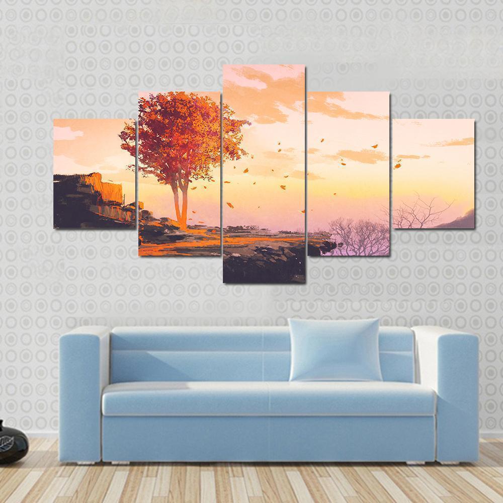 Melting Autumn Tree On Top Of The Mountain Nature Canvas Wall Art