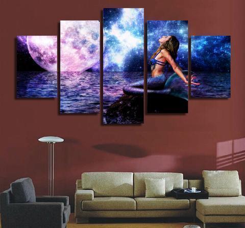 Mermaid And Purple Moon Nature Canvas Wall Art