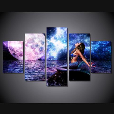 Mermaid And Purple Moon Nature Canvas Wall Art