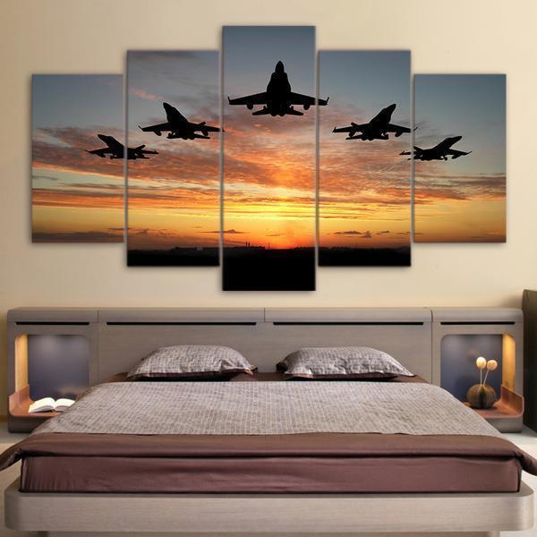 Military Jet Airplanes Fly Sunset Airplane Canvas Wall Art