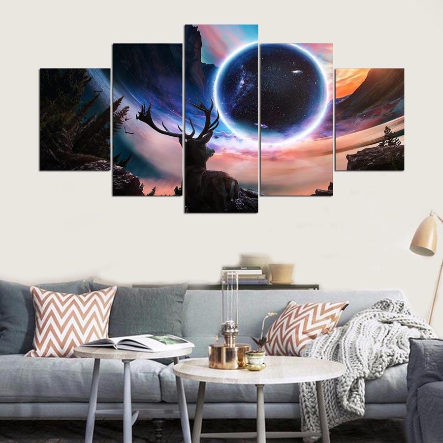 Moon And Deer Landscape Abstract Animal Canvas Wall Art