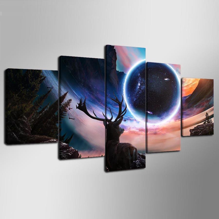 Moon And Deer Landscape Abstract Animal Canvas Wall Art