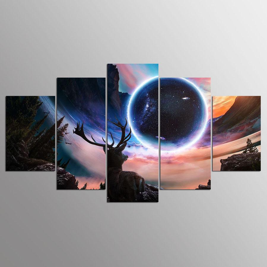Moon And Deer Landscape Abstract Animal Canvas Wall Art