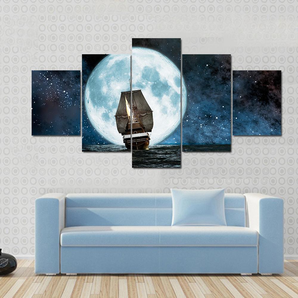 Moon, Boat And Reflection In The Water Nature Canvas Wall Art