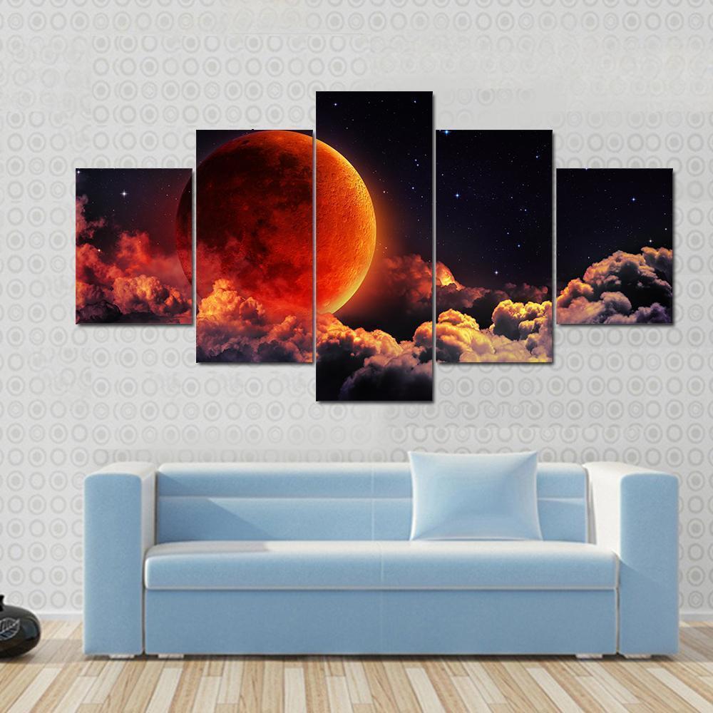 Moon Eclipse Planet Red Blood With Clouds Nature Canvas Wall Art