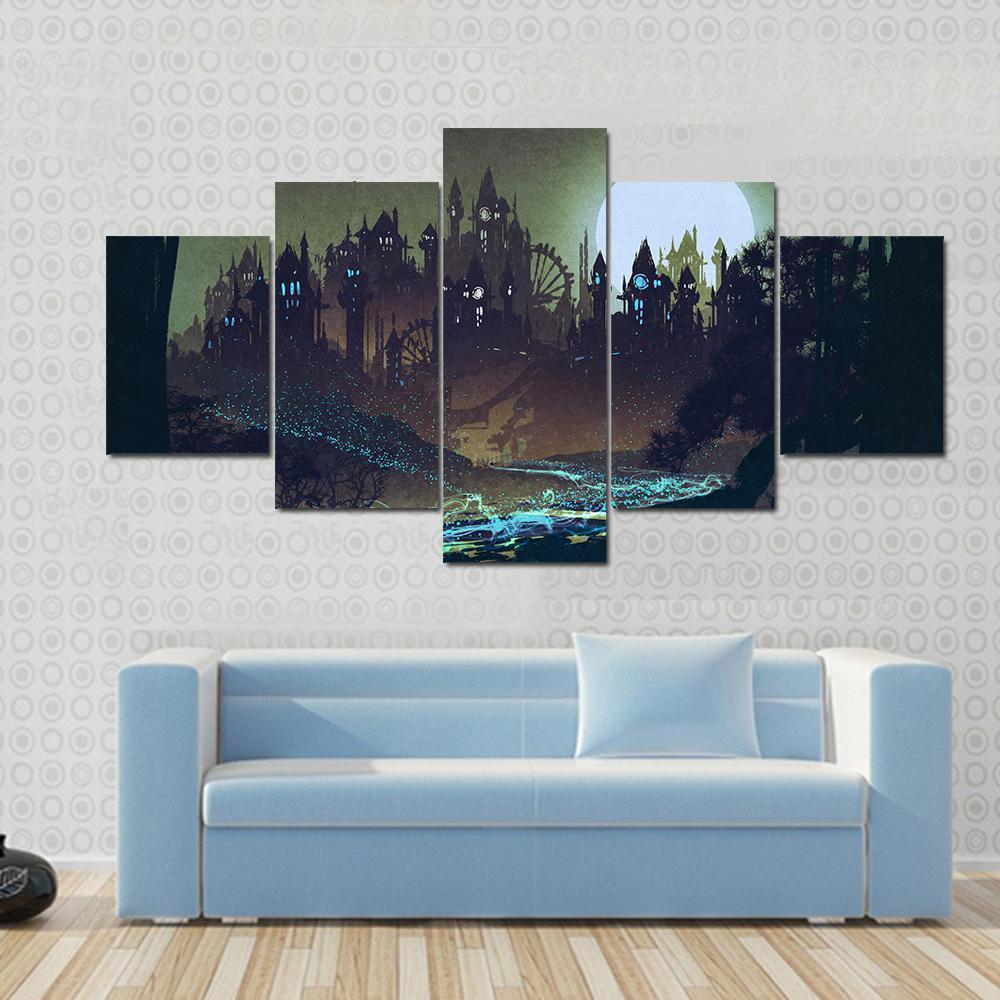 Moon Over Castle Illustration Nature Canvas Wall Art