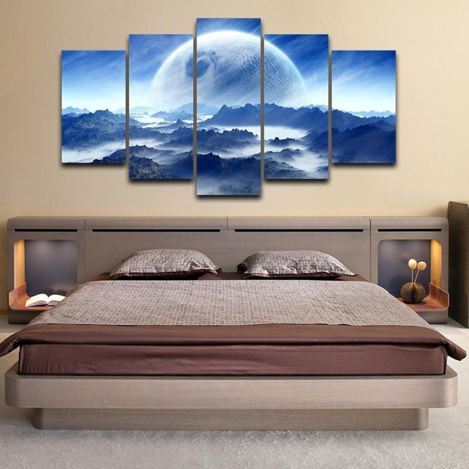 Moon Planet Space Mountains Clouds Dream Landscape Nature Canvas Wall Art