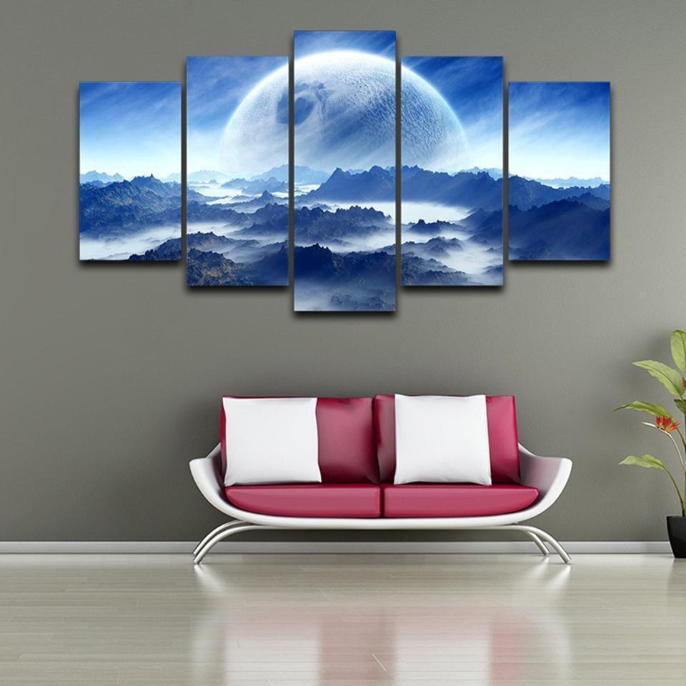 Moon Planet Space Mountains Clouds Dream Landscape Nature Canvas Wall Art
