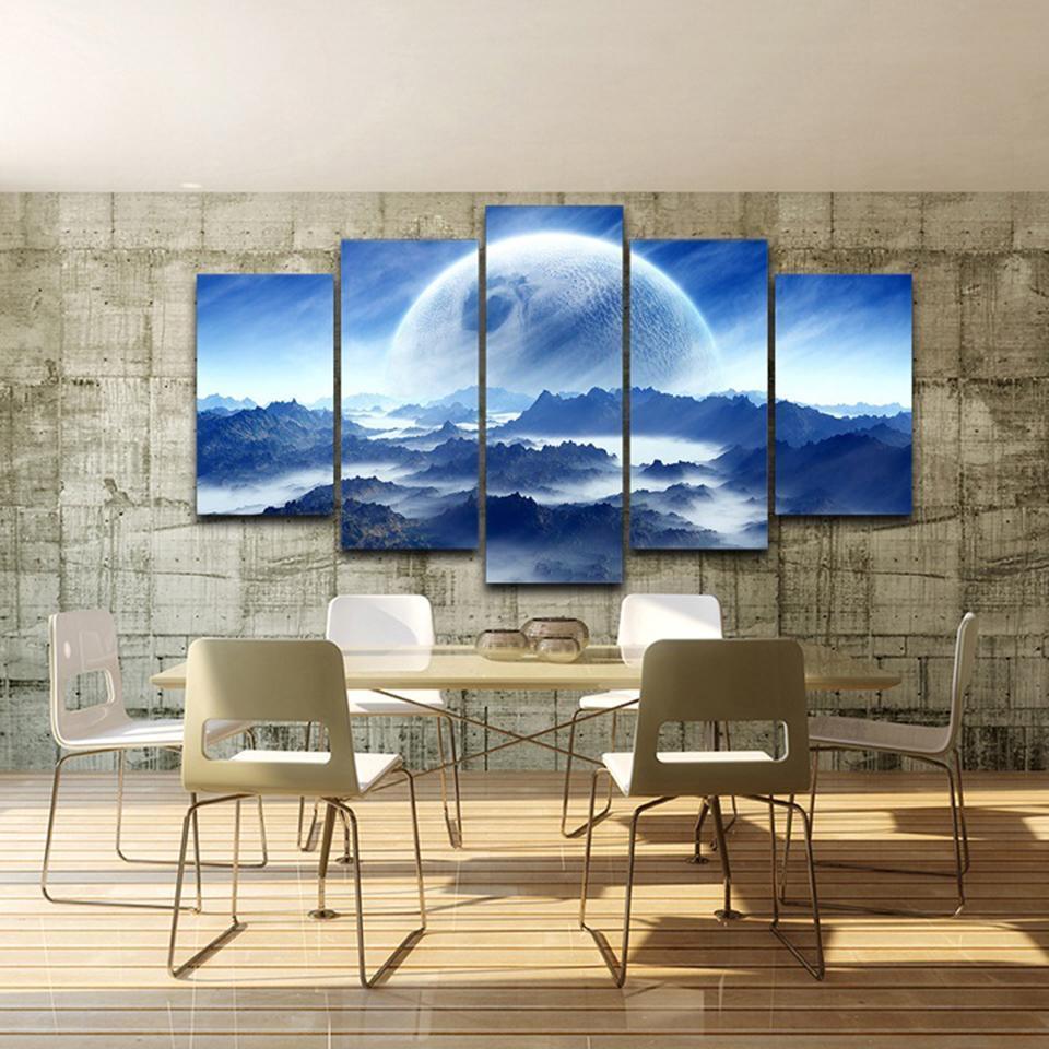 Moon Planet Space Mountains Clouds Dream Landscape Nature Canvas Wall Art