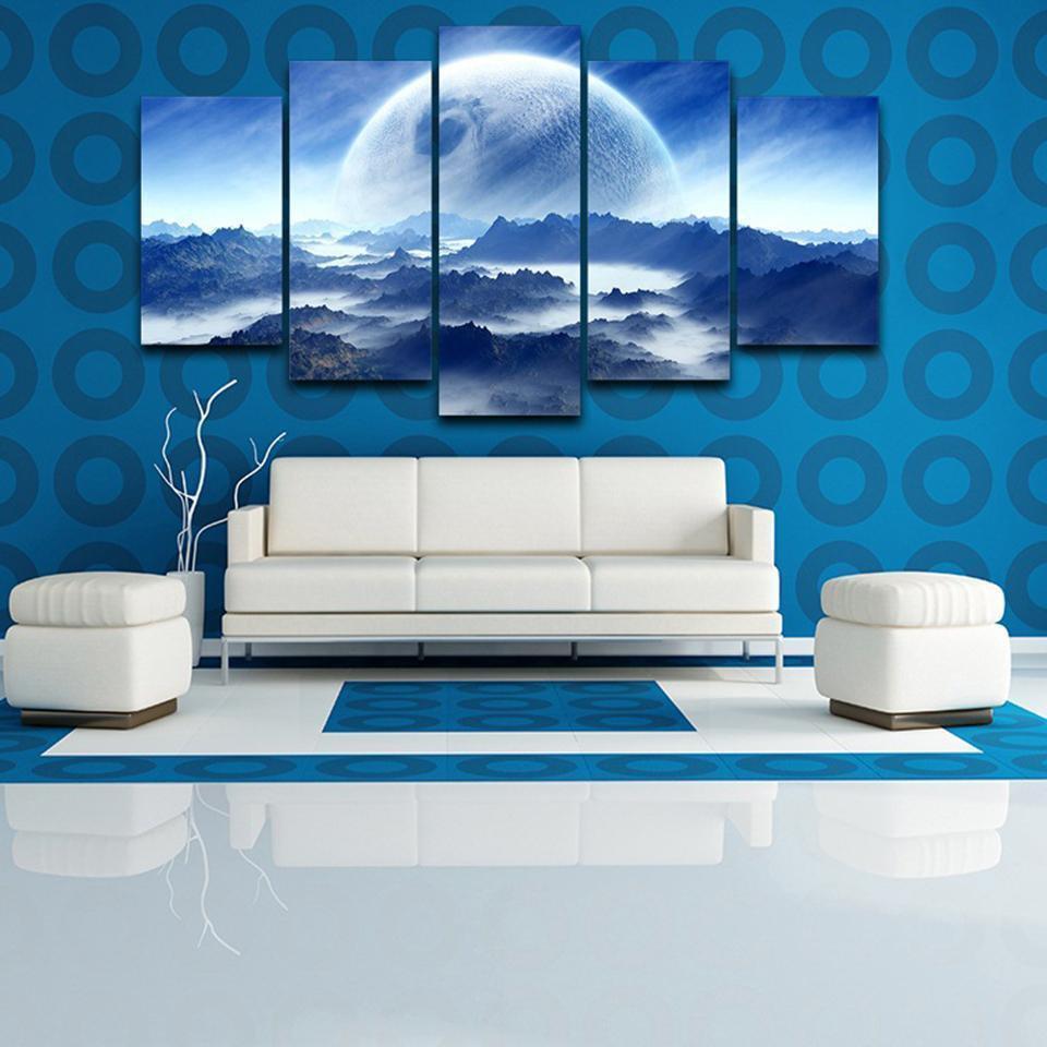Moon Planet Space Mountains Clouds Dream Landscape Nature Canvas Wall Art