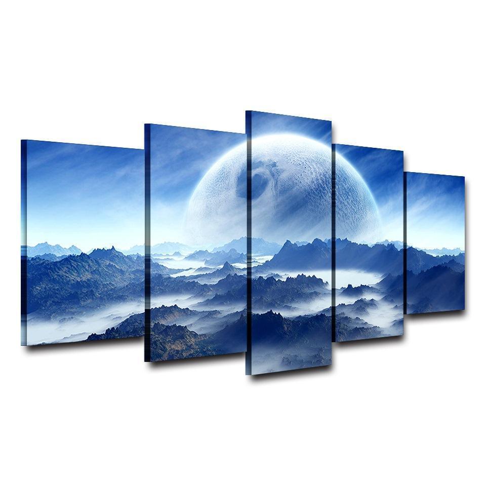 Moon Planet Space Mountains Clouds Dream Landscape Nature Canvas Wall Art