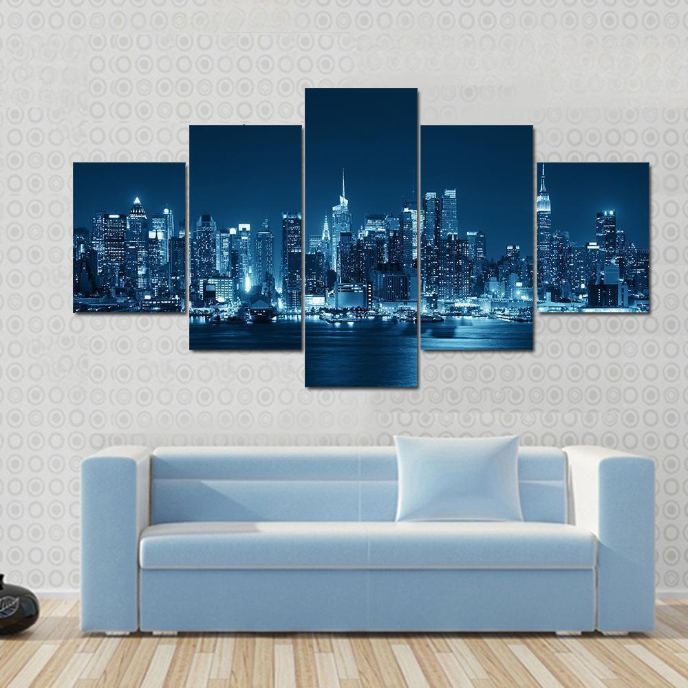 Moon Rise Over Manhattan With City Skyline Nature Canvas Wall Art