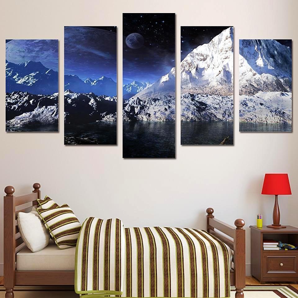 Moon Scenery Snow Mountain Lake Space Universe Canvas Wall Art