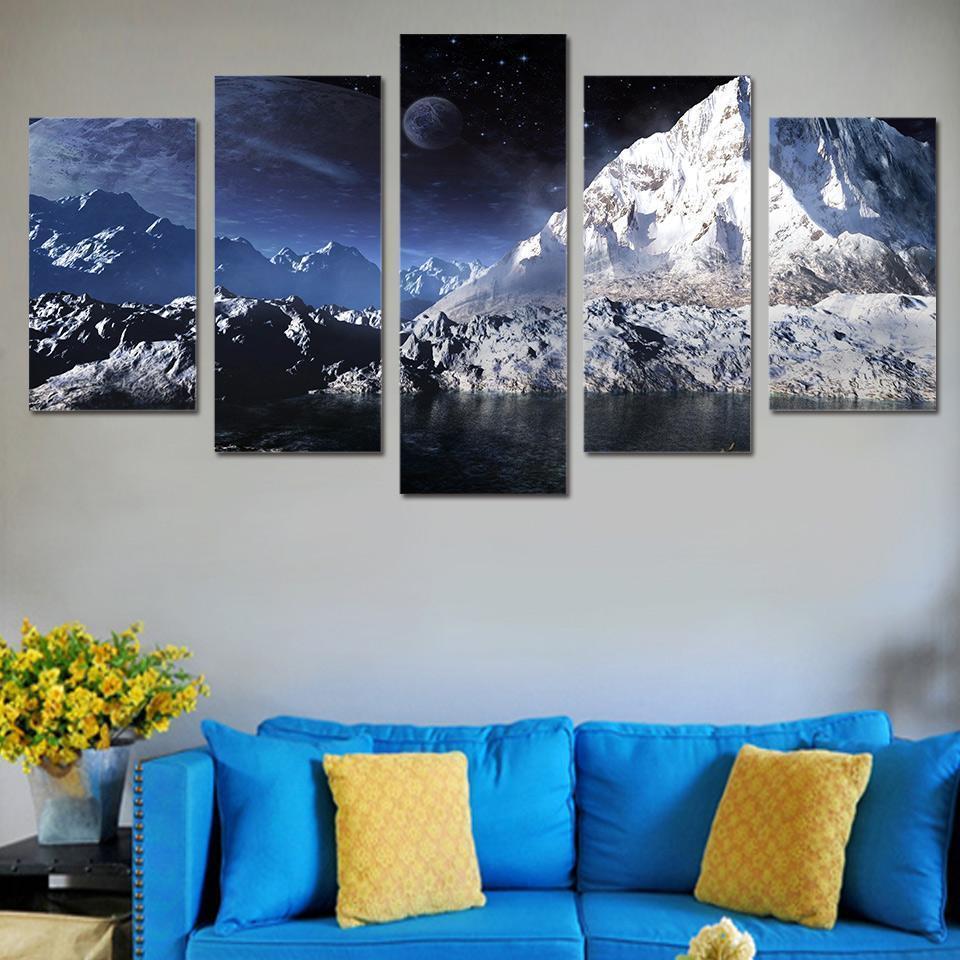 Moon Scenery Snow Mountain Lake Space Universe Canvas Wall Art