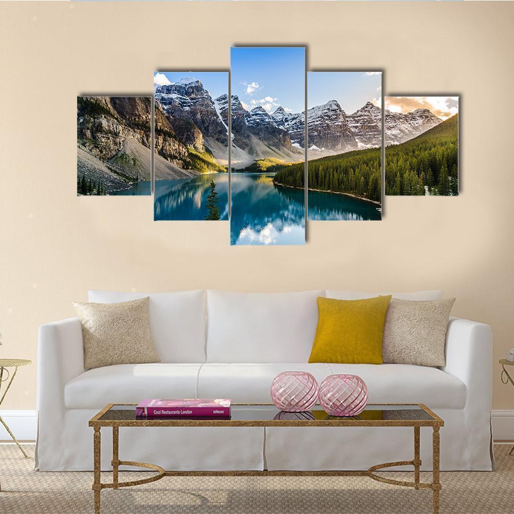 Moraine Lake And Mountain Range At Sunset Nature Canvas Wall Art