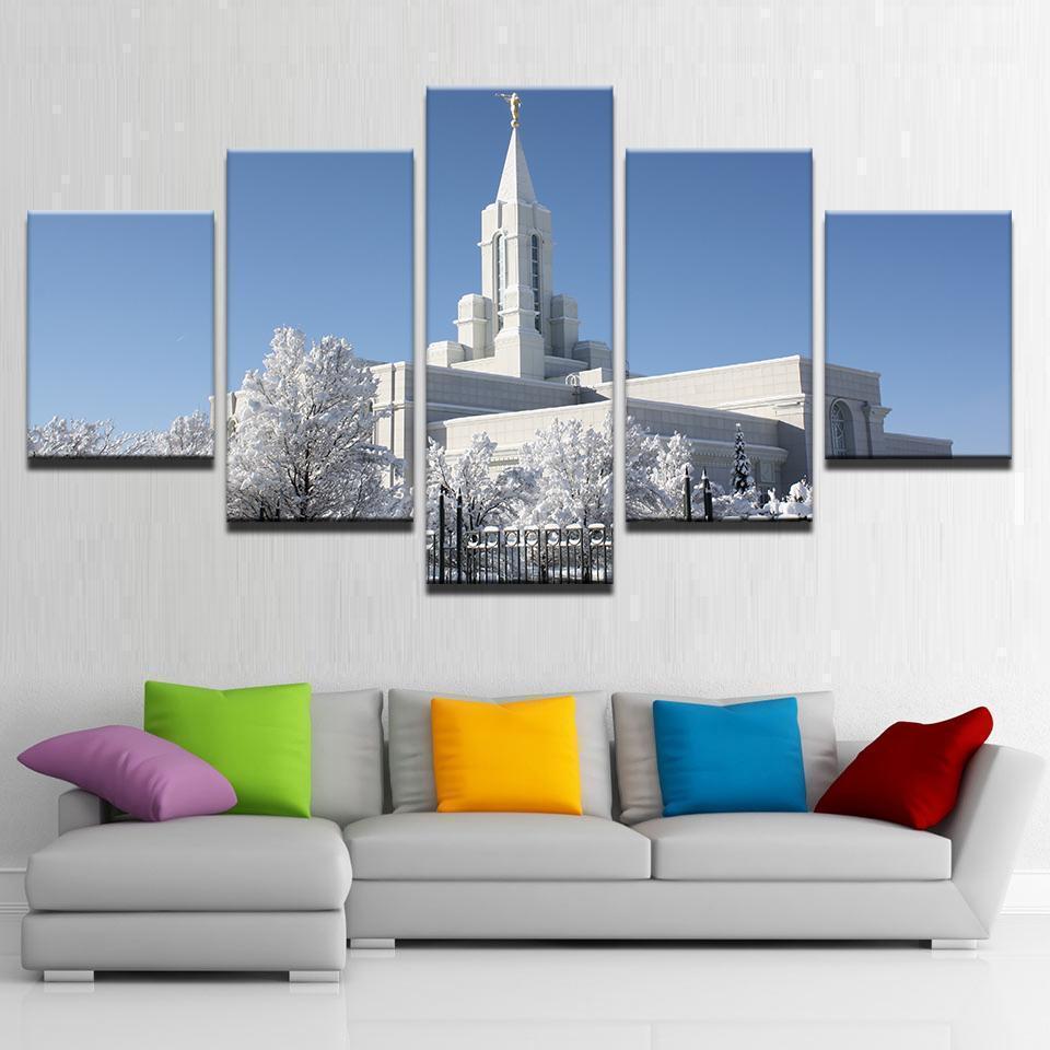 Mormon Temple During Winter Nature Canvas Wall Art