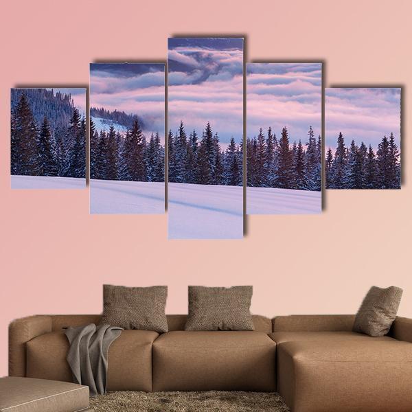 Morning Fog In The Winter Mountains Nature Canvas Wall Art