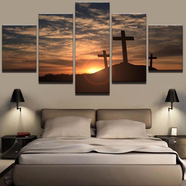 Mountain Cross Sunset Landscape Nature Canvas Wall Art
