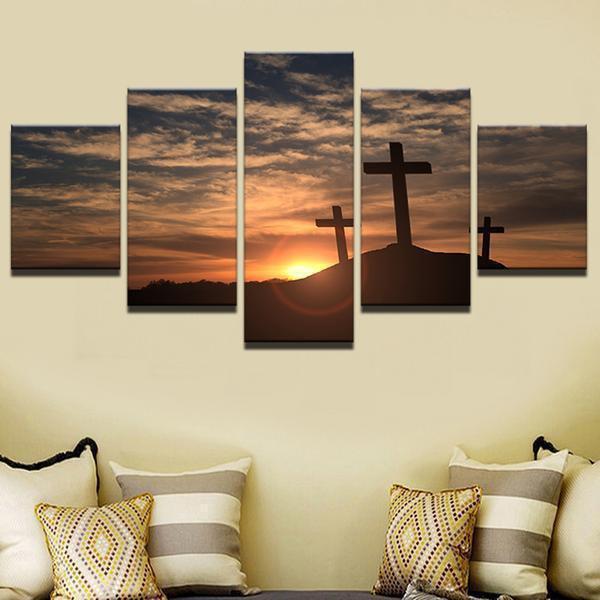Mountain Cross Sunset Landscape Nature Canvas Wall Art