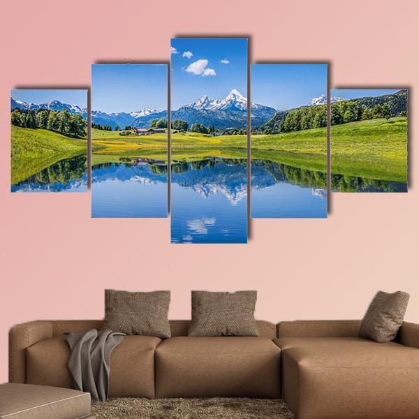 Mountain Lake And Fresh Green Mountain Nature Canvas Wall Art