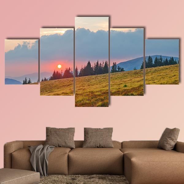 Mountain Landscape With The Sun In Ukraine Nature Canvas Wall Art