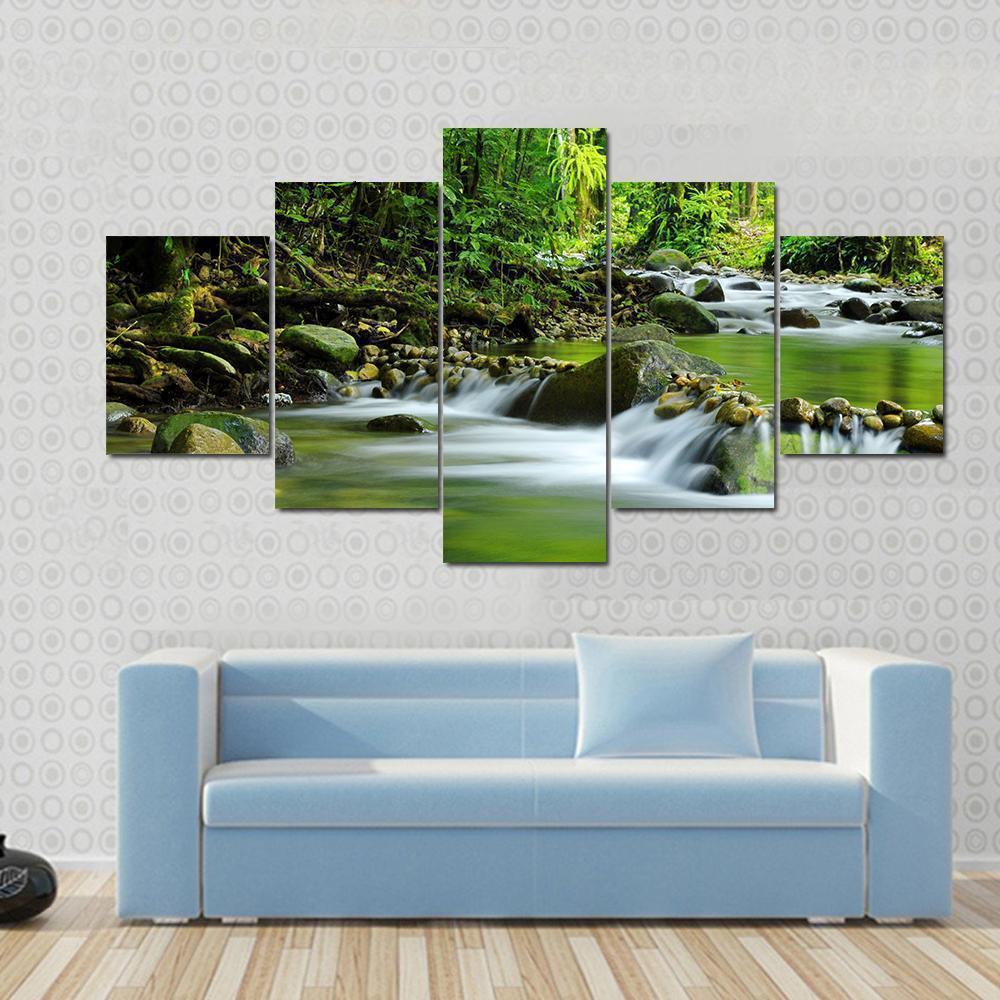 Mountain Stream In A Tropical Rain Forest Nature Canvas Wall Art