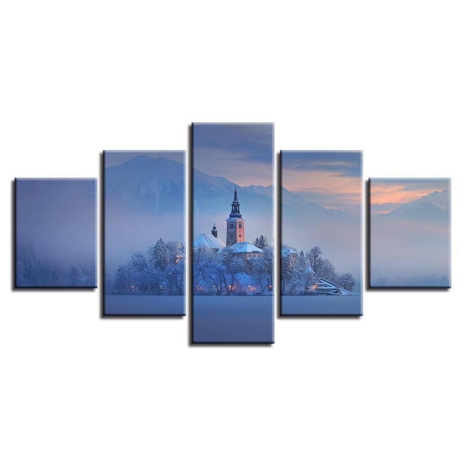 Mountain Tree Building 1 Nature Canvas Wall Art