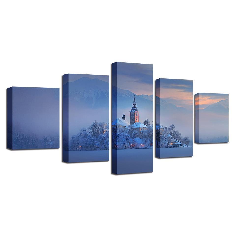 Mountain Tree Building 1 Nature Canvas Wall Art