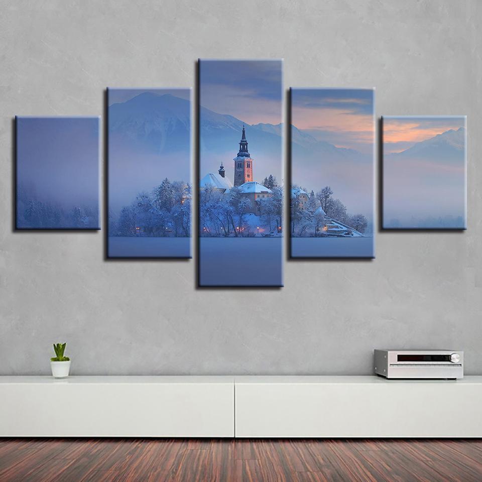 Mountain Tree Building Nature Canvas Wall Art