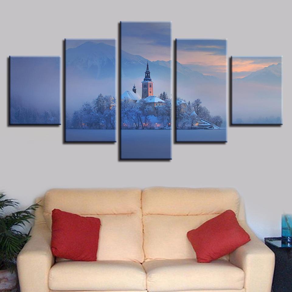 Mountain Tree Building Nature Canvas Wall Art