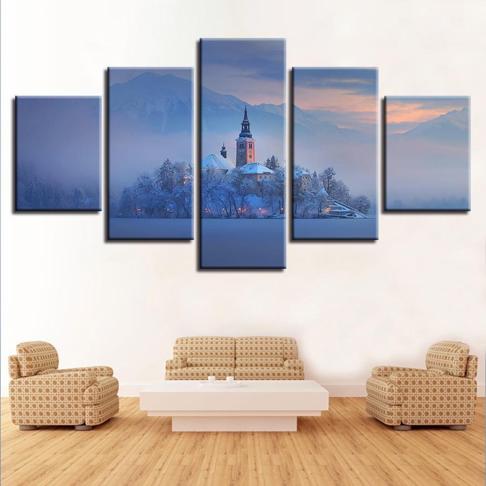 Mountain Tree Building Nature Canvas Wall Art