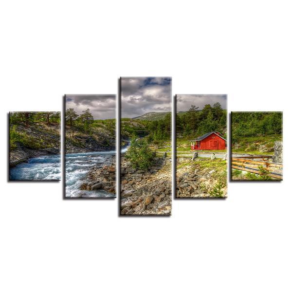 Mountain Trees Stream River Red Barn Landscape Nature Canvas Wall Art